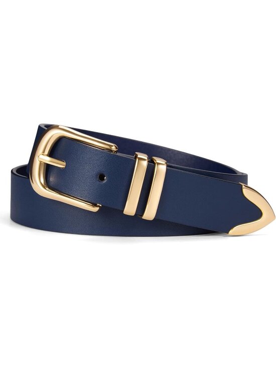 Accessories - Women's Blue Leather Belt For Jeans Dresses Pants Fashion With Gold Buckle